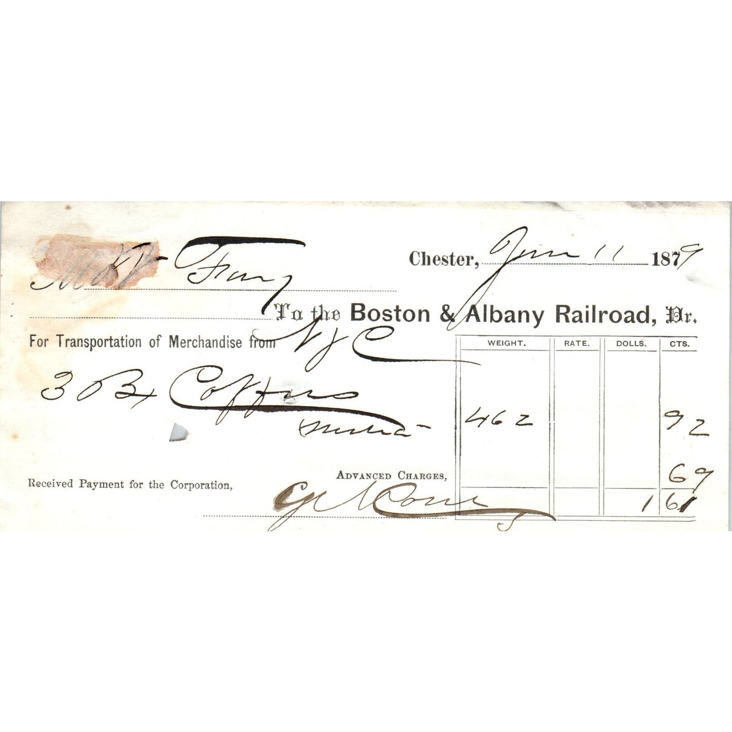 1879 Boston & Albany Railroad Chester PA Original Waybill Receipt AE7