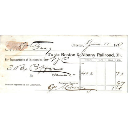 1879 Boston & Albany Railroad Chester PA Original Waybill Receipt AE7