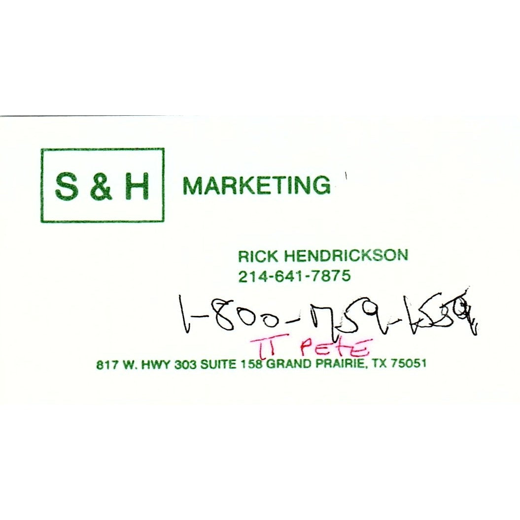 S&H Marketing Rick Hendrickson Grand Prairie TX Vintage Business Card SC9-B8
