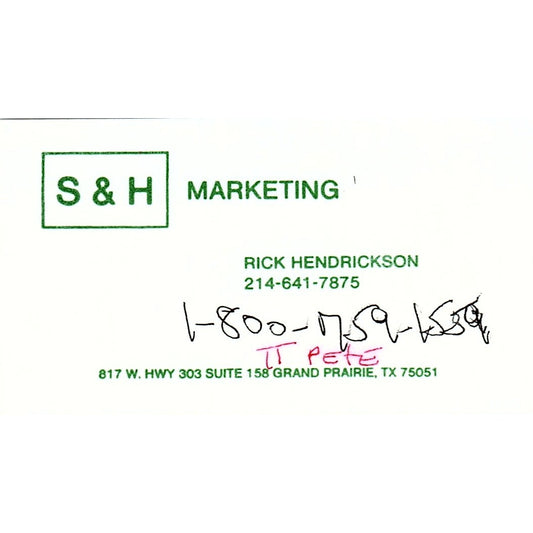S&H Marketing Rick Hendrickson Grand Prairie TX Vintage Business Card SC9-B8