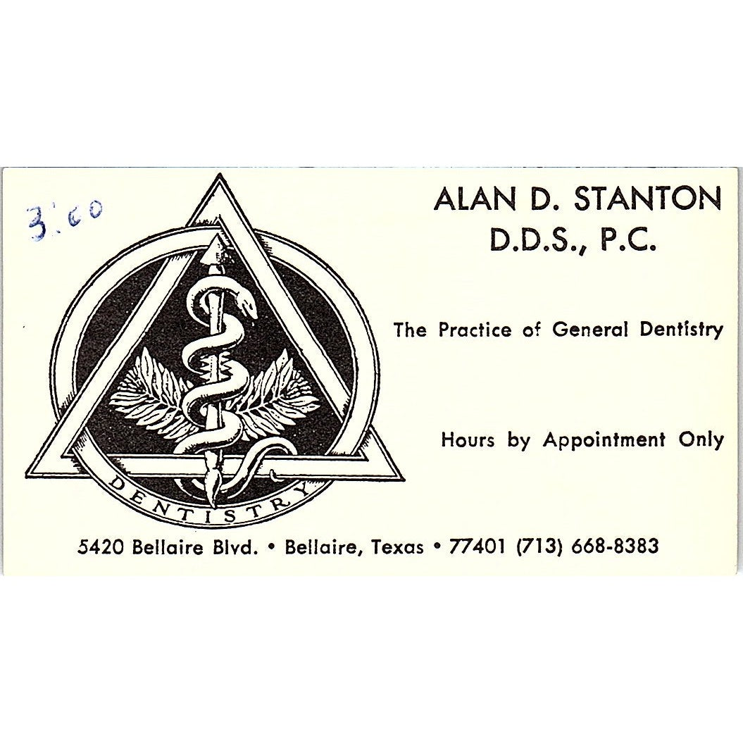 Alan D Stanton DDS General Dentistry Bellaire TX Vintage Business Card SE3-B15