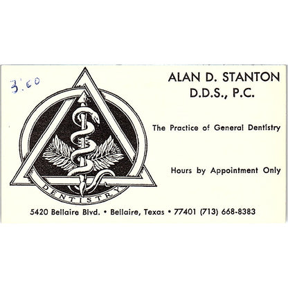 Alan D Stanton DDS General Dentistry Bellaire TX Vintage Business Card SE3-B15