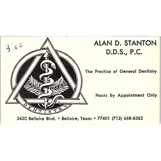 Alan D Stanton DDS General Dentistry Bellaire TX Vintage Business Card SE3-B15