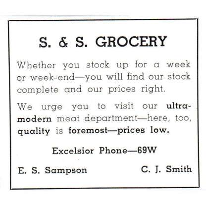 S&S Grocery E.S. Sampson C.J. Smith Excelsior MN 1940 Magazine Ad AF1-SS4