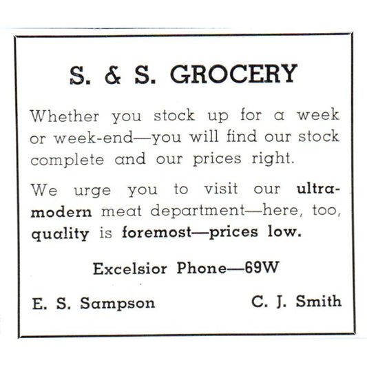 S&S Grocery E.S. Sampson C.J. Smith Excelsior MN 1940 Magazine Ad AF1-SS4