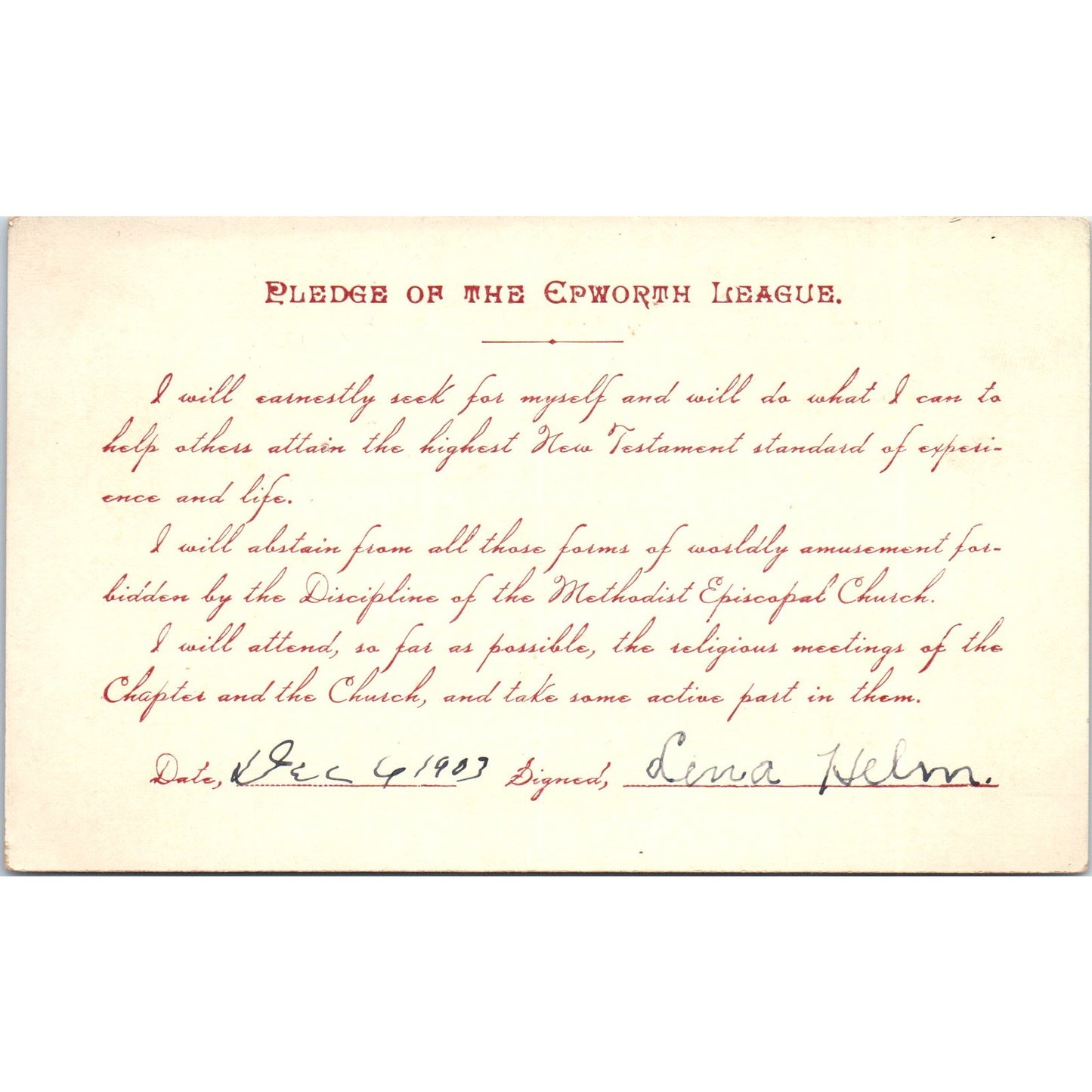 1903 The Epworth League Pledge Card Lena Helm AD8-Q2