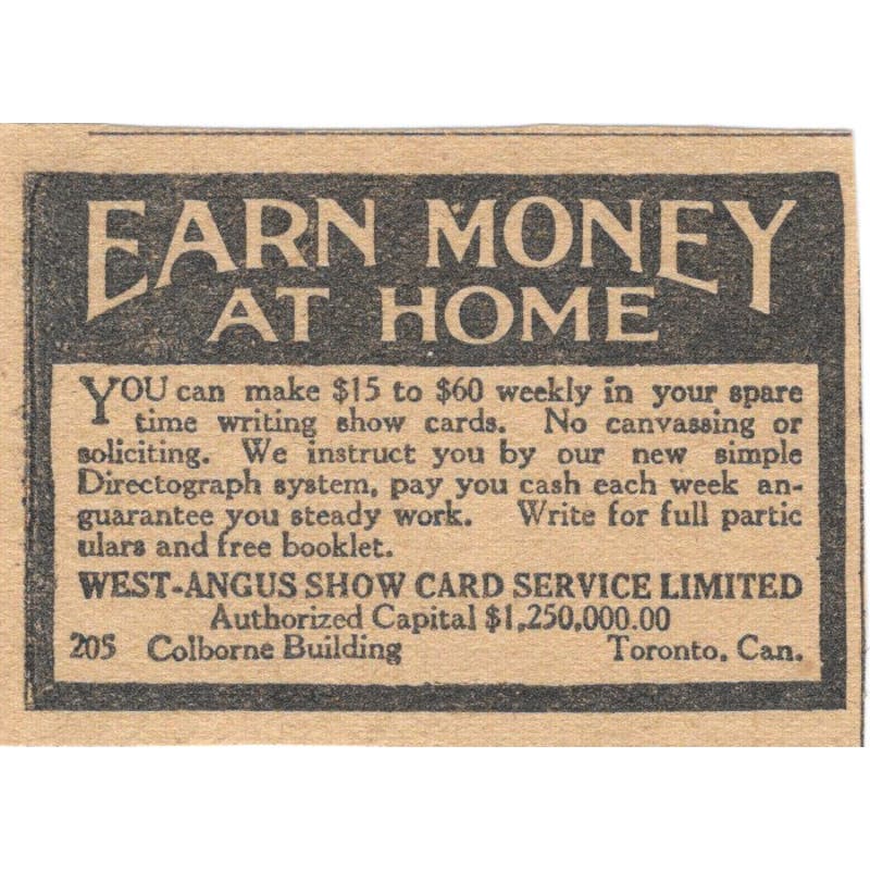 West-Angus Show Card Service Ltd Toronto Make Money Offer 1923 Magazine Ad AE1-8