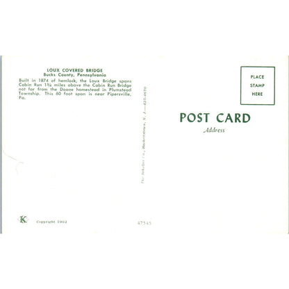 Loux Bridge Bucks County Cabin Run Pennsylvania Covered Bridge Postcard PC3