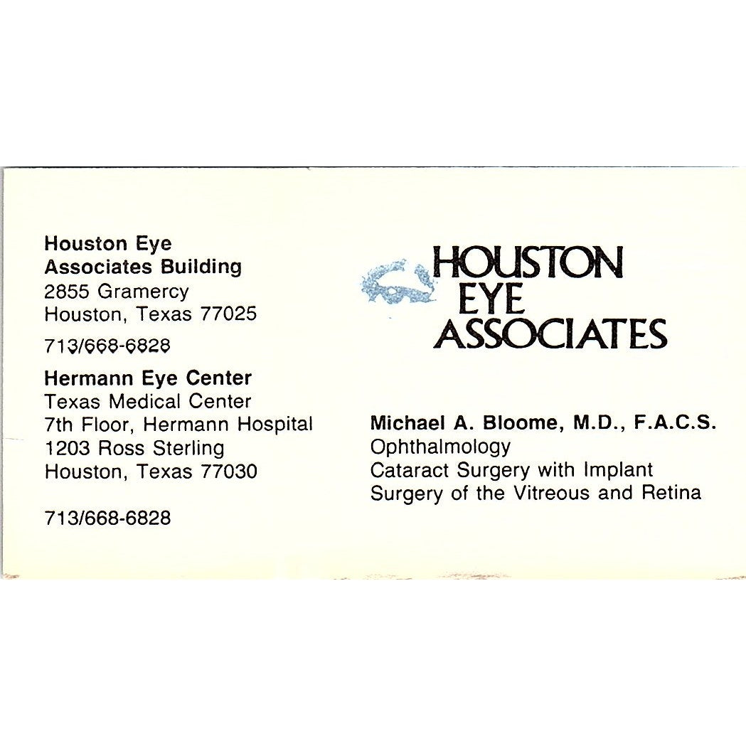 Houston Eye Associates Michael A. Bloome Houston TX Vintage Business Card SB4-B3