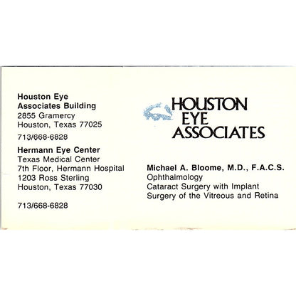 Houston Eye Associates Michael A. Bloome Houston TX Vintage Business Card SB4-B3