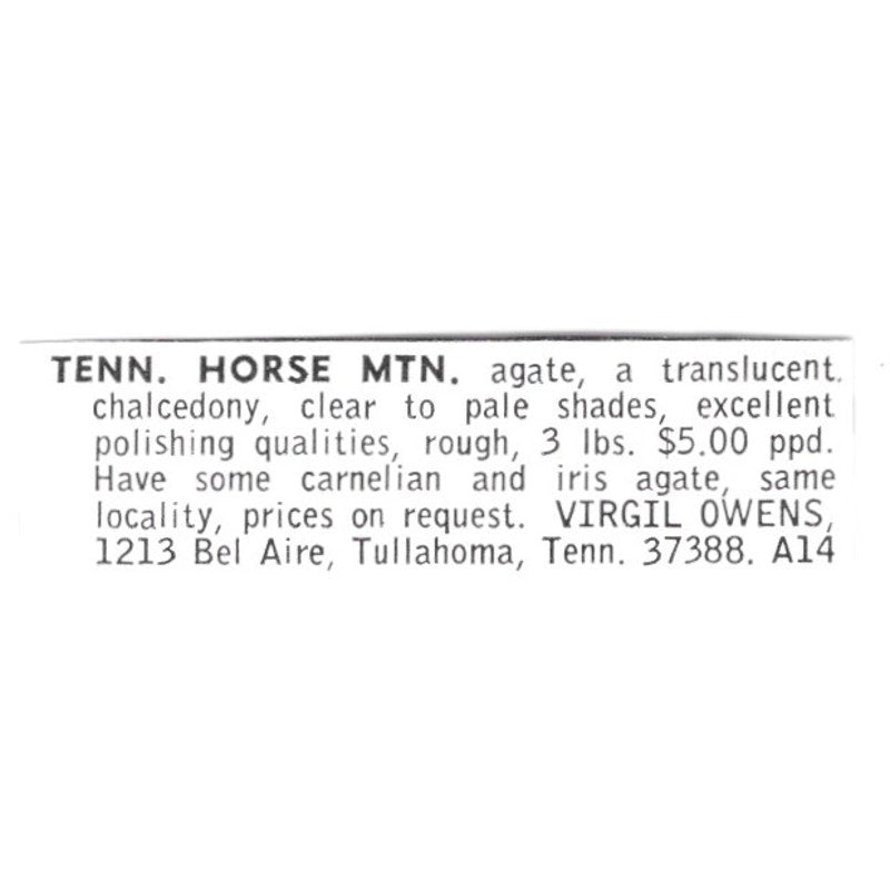 Virgil Owens Horse Mountain Agate Chalcedony Tullahoma TN 1972 Ad AF8-S15