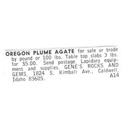 Gene's Rocks and Gems Oregon Plume Agate Caldwell Idaho 1972 Ad AF8-S15