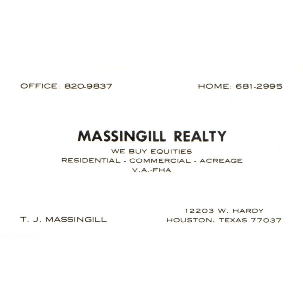 T.J. Massingill Realty Houston TX Vintage Business Card SD4-B5