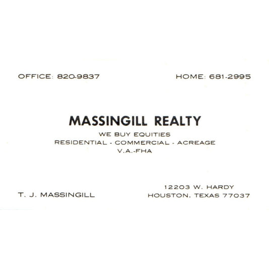 T.J. Massingill Realty Houston TX Vintage Business Card SD4-B5