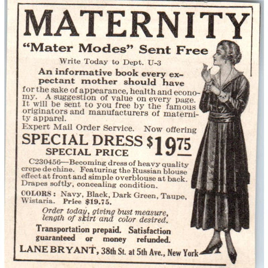 Lane Bryant Maternity Clothes Fifth Ave New York 1918 Magazine Ad AF1-SS1