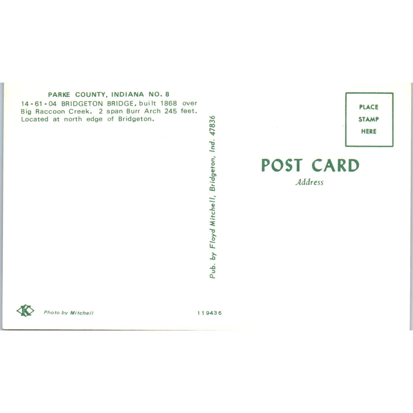 Bridgeton Bridge Parke County IN No 8 Vintage Covered Bridge Postcard PD6