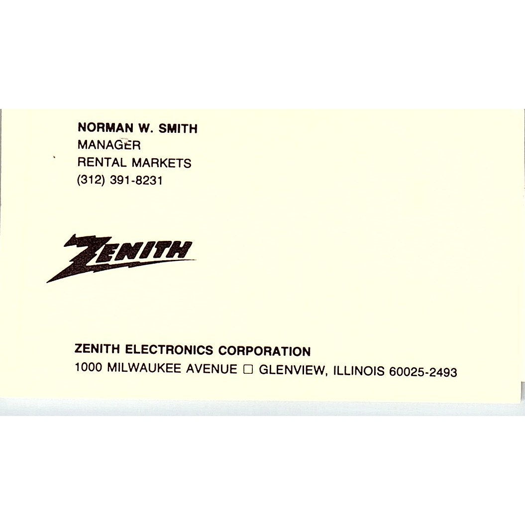 Norman W Smith Zenith Glenview IL Vintage Business Card SC9-B1