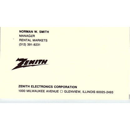 Norman W Smith Zenith Glenview IL Vintage Business Card SC9-B1