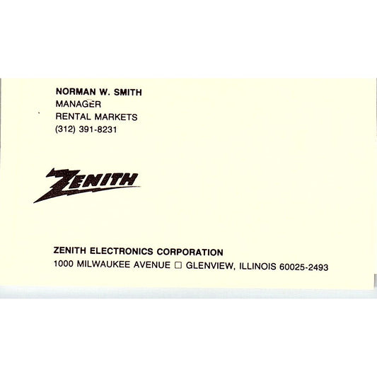 Norman W Smith Zenith Glenview IL Vintage Business Card SC9-B1