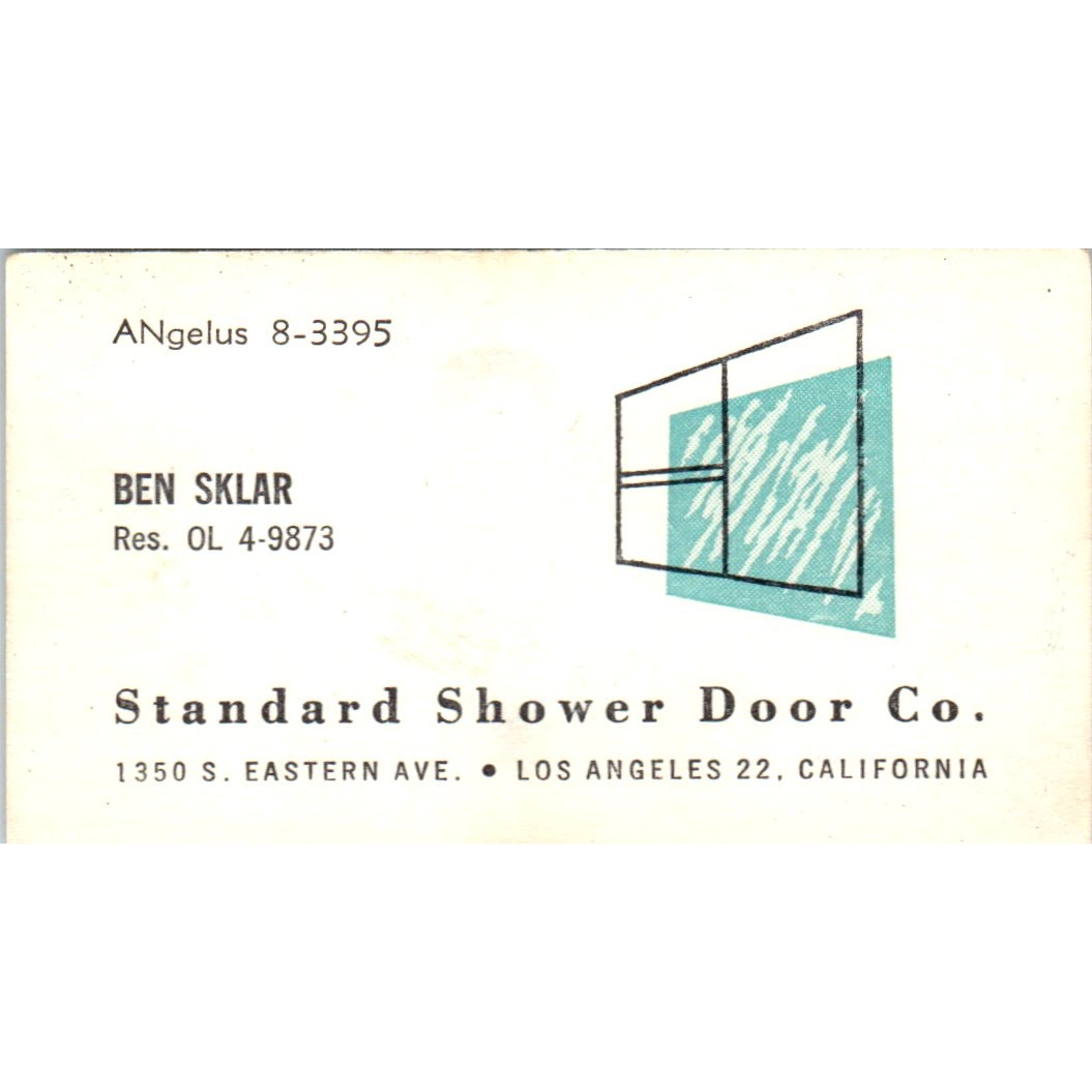 Standard Shower Door Co Ben Sklar Los Angeles CA Vintage Business Card SD8-B3