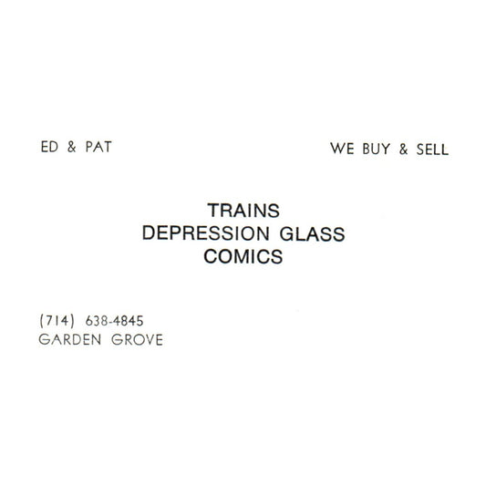 Trains Depression Glass Comics Ed & Pat Garden Grove Business Card SF3-B1