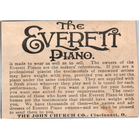 The Everett Piano John Church Co Cincinnati 1892 Magazine Ad AB6-4