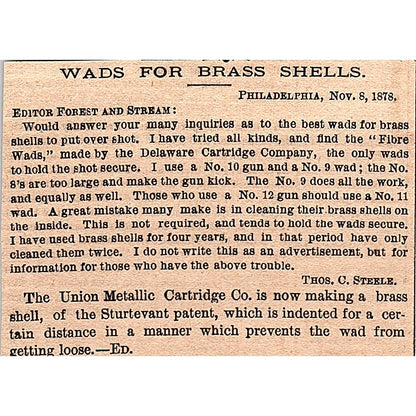 Wads for Brass Shells Thos. C. Steele Union Metallic Cartridge Co 1878 AG2-H3