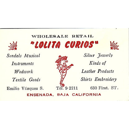 Lolita Curios Musical Instruments Ensenada Baja CA Vintage Business Card SF3-B4
