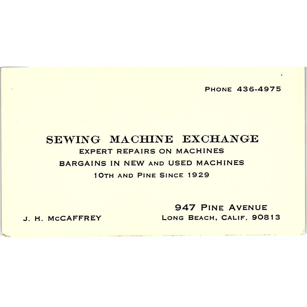 Sewing Machine Exchange J. H. McCaffrey Long Beach CA Business Card SSB4-B12