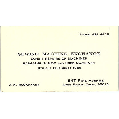 Sewing Machine Exchange J. H. McCaffrey Long Beach CA Business Card SSB4-B12