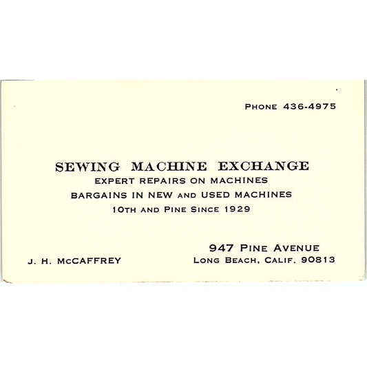 Sewing Machine Exchange J. H. McCaffrey Long Beach CA Business Card SSB4-B12