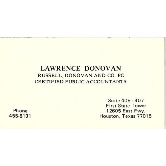 Lawrence Donovan Russell, Donovan & Co CPA Houston Vintage Business Card SD9-B1