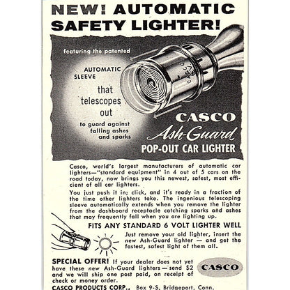 Casco Ash-Guard Pop-Out Car Lighter Bridgeport CT 1955 Ad AF9-M2