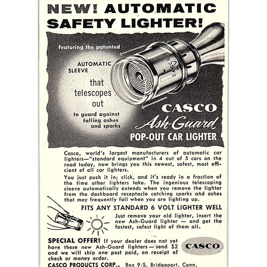 Casco Ash-Guard Pop-Out Car Lighter Bridgeport CT 1955 Ad AF9-M2