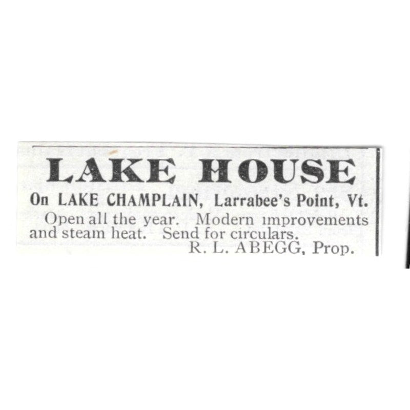 Lakehouse on Lake Champlain Larrabees Point VT R.L. Abegg 1903 Ad AF8-S36