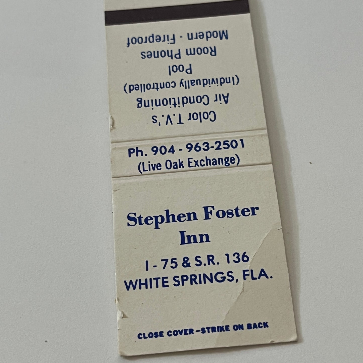 Stephen Foster Inn White Springs Florida Vintage Matchbook TB6-MB2-6