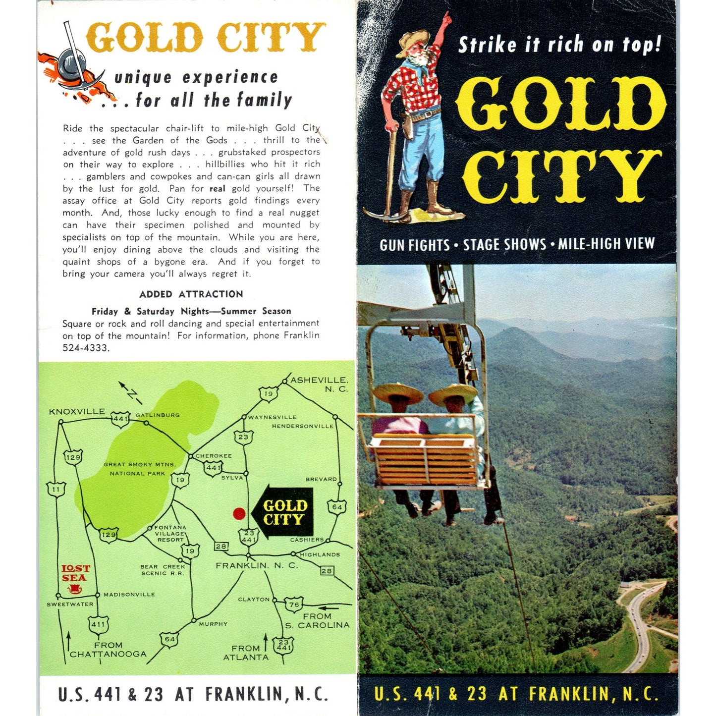 Vintage Gold City Franklin North Carolina Fold Out Map & Brochure TF4-B3