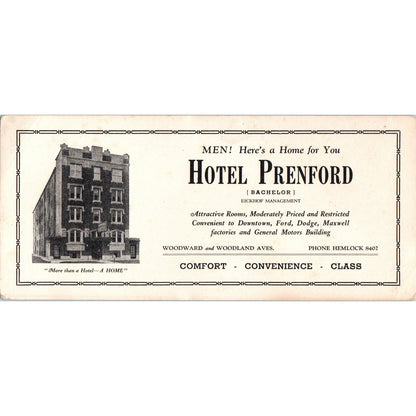 Hotel Prenford Detroit Michigan Antique Blotter Card AD8-R2