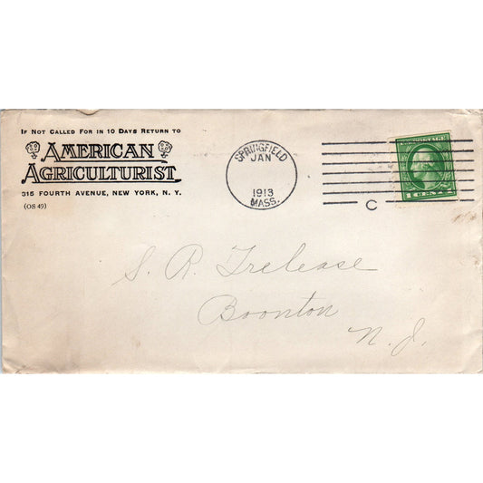 1913 American Agriculturist Springfield MA Postal Cover Envelope TG7-PC1