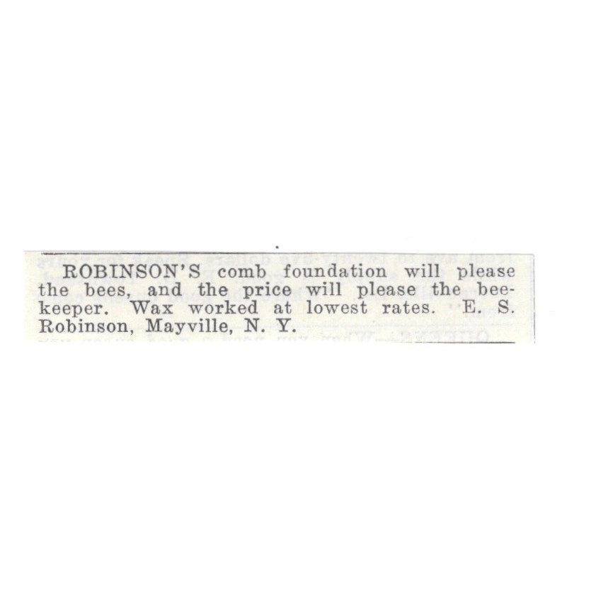 E.S. Robinson Comb Foundation Bee Wax Mayville NY 1926 Ad AG3-S20
