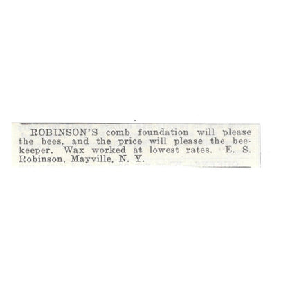 E.S. Robinson Comb Foundation Bee Wax Mayville NY 1926 Ad AG3-S20