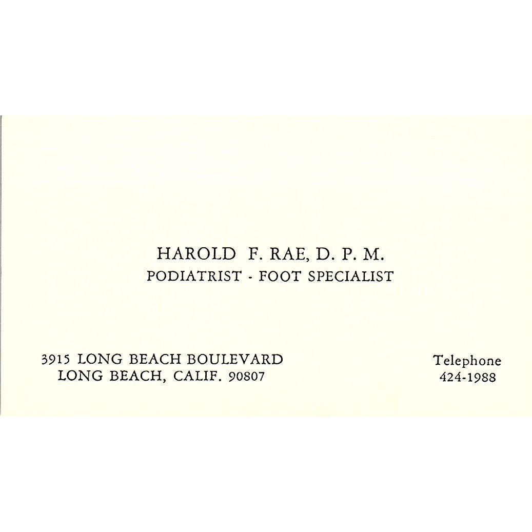 Harold F. Rae Podiatrist Foot Specialist Long Beach CA Business Card SB4-B1