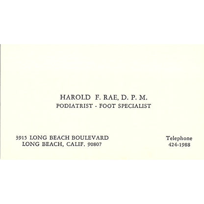 Harold F. Rae Podiatrist Foot Specialist Long Beach CA Business Card SB4-B1