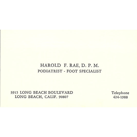 Harold F. Rae Podiatrist Foot Specialist Long Beach CA Business Card SB4-B1