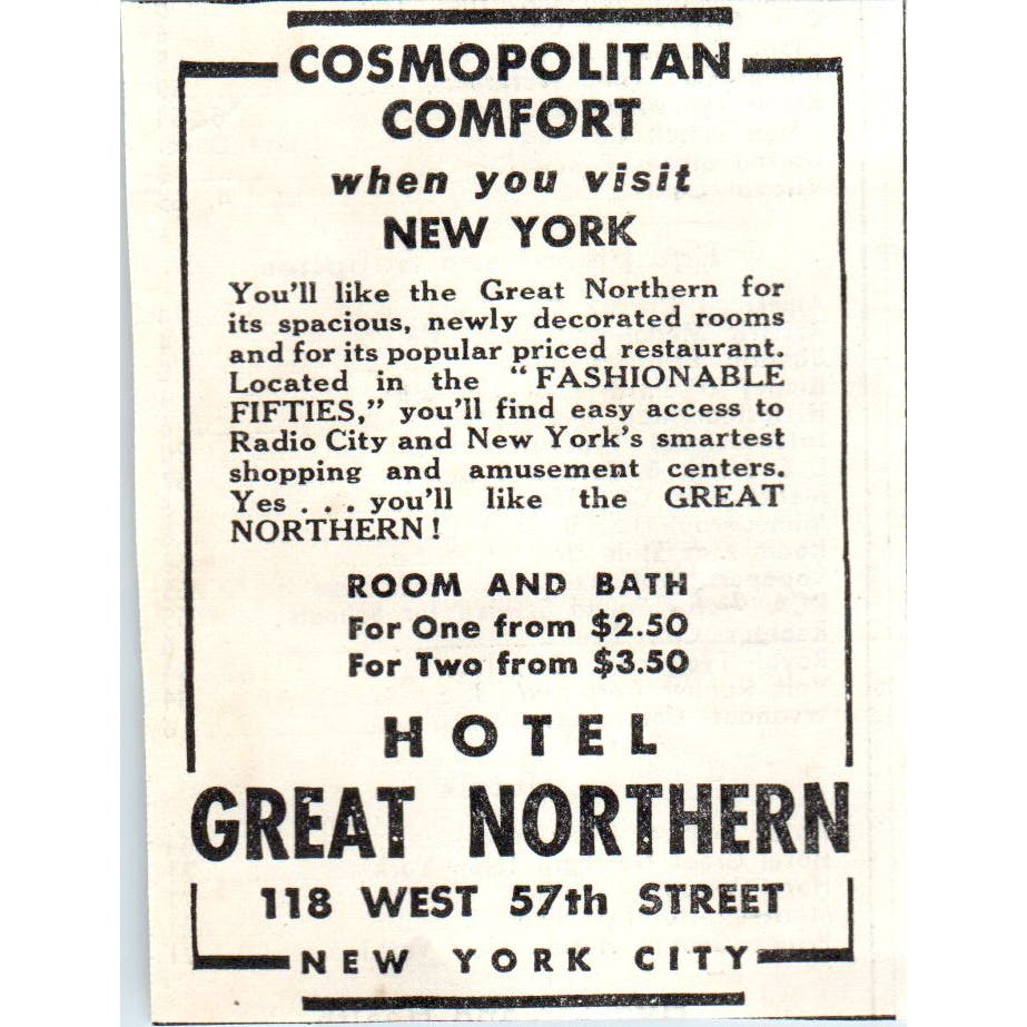 Hotel Great Northern NY 1930s Magazine Advertisement AE4-I1