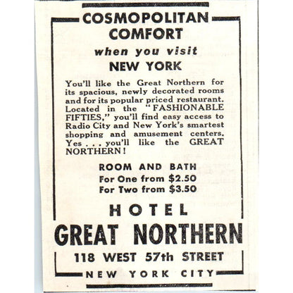 Hotel Great Northern NY 1930s Magazine Advertisement AE4-I1