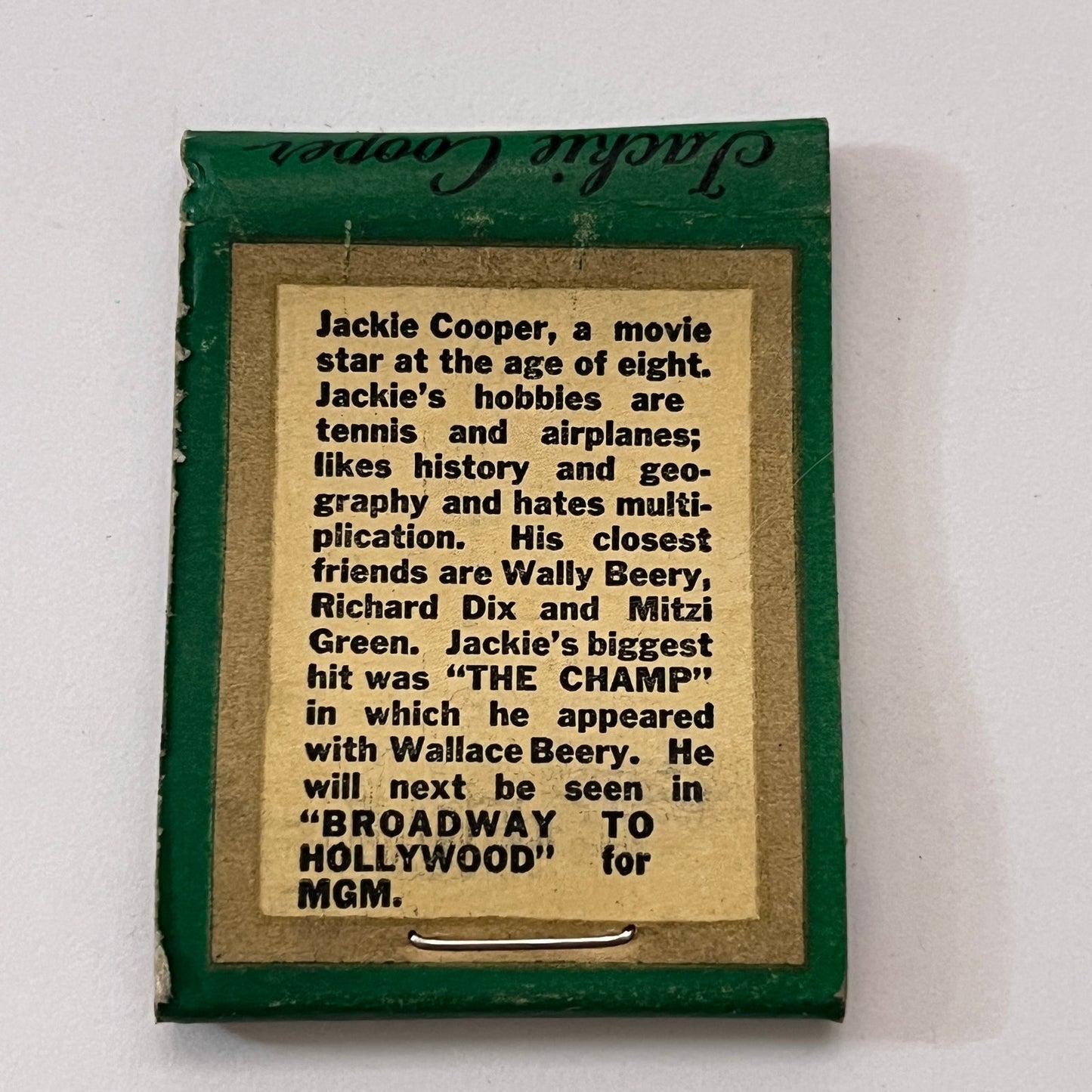 Jackie Cooper Actor Bio Vintage Matchbook Cover TB8-MB2-10