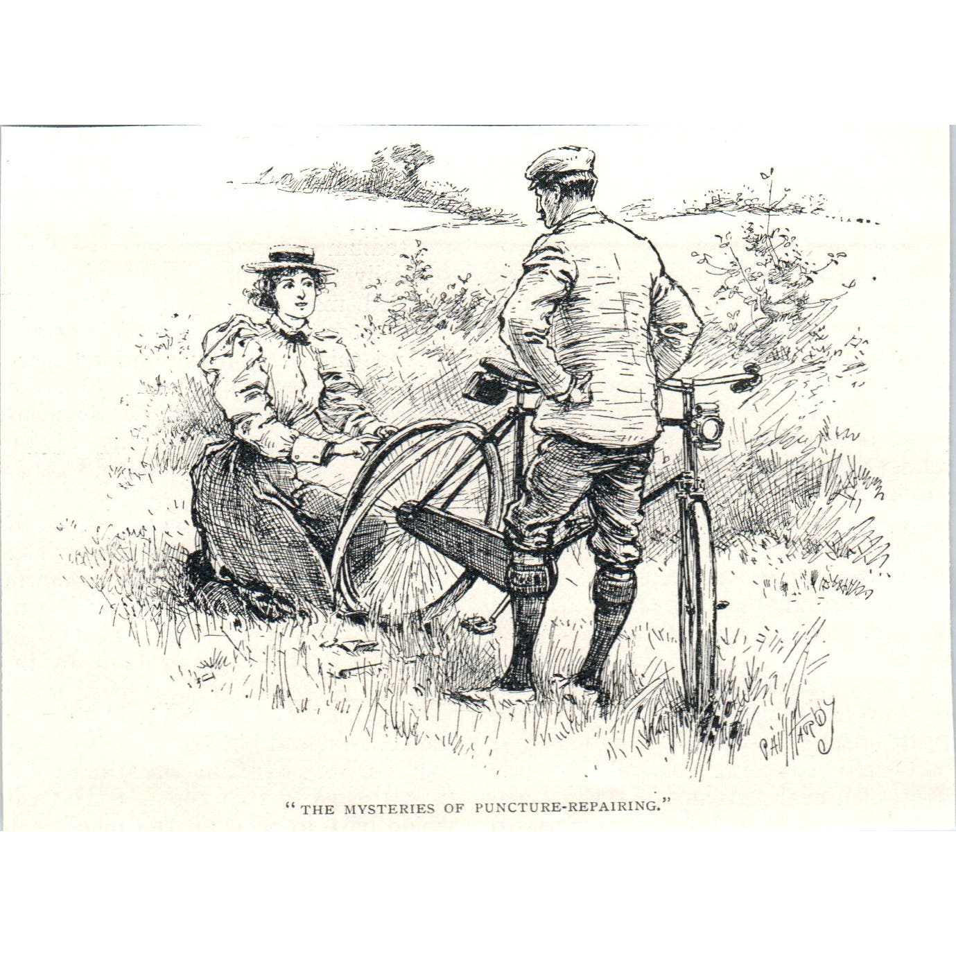 Repairing a Broken Bicycle Tire Puncture 1897 Victorian Illustration AE9-TS3