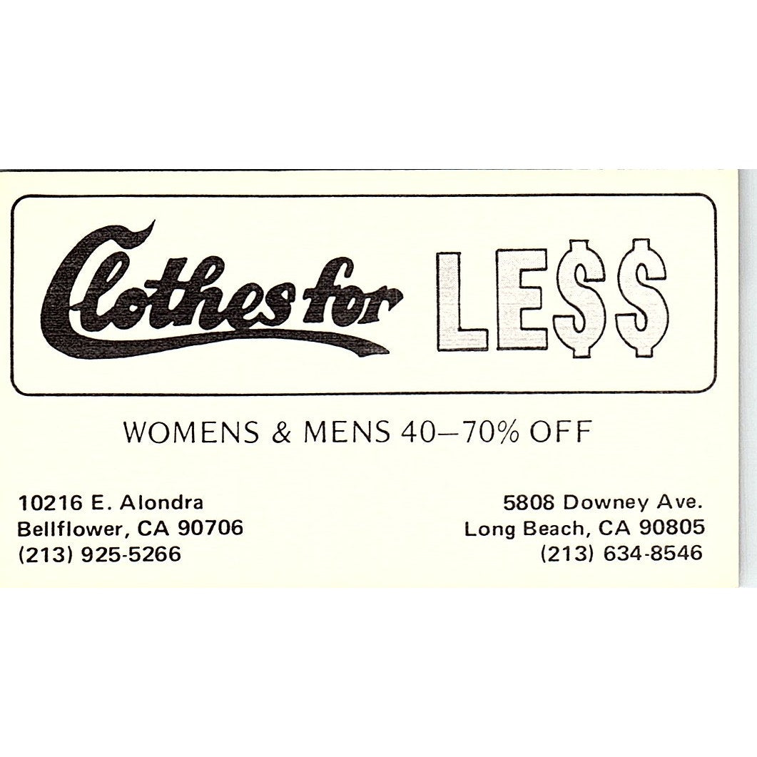 Clothes For Less Bellflower, Long Beach CA Vintage Business Card SE5-B5