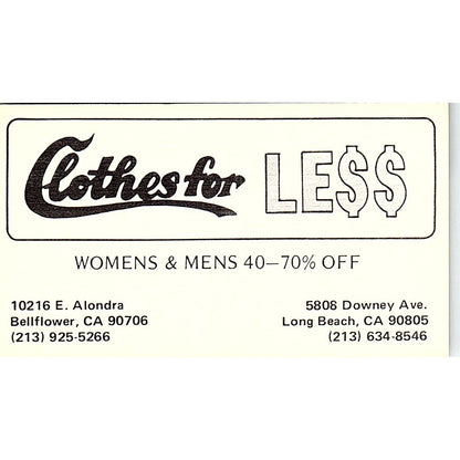 Clothes For Less Bellflower, Long Beach CA Vintage Business Card SE5-B5